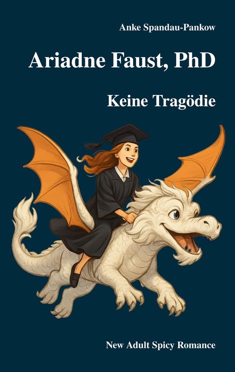 "Ariadne Faust, PhD", "Keine Tragödie". Eine Frau im Talar reitet lächelnd auf einem weißen Drachen.