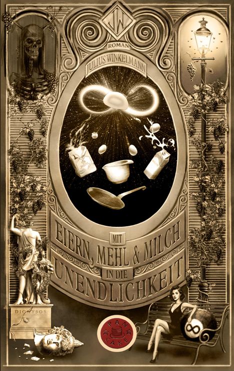 "MIT EIERN, MEHL & MILCH IN DIE UNENDLICHKEIT – Julius Winkelmann. Sepia Illustration mit kosmischen Backutensilien."
