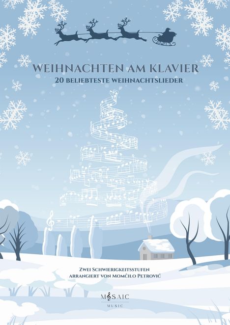 "Weihnachten am Klavier. 20 beliebteste Weihnachtslieder. Illustration: Notenbaum in schneebedeckter Landschaft."