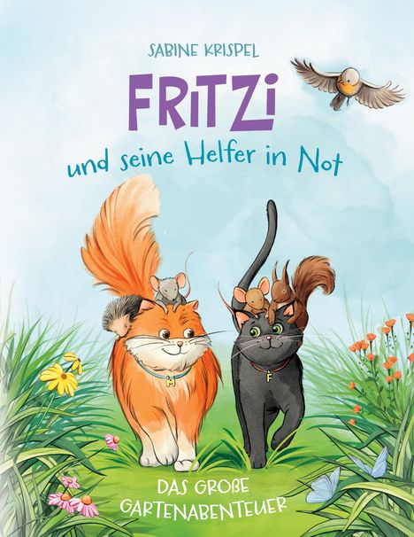Cover eines Kinderbuchs mit Titel "Fritzi und seine Helfer in Not". Zwei Katzen, eine orange, eine schwarz, mit Tieren auf dem Rücken.