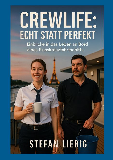 „CREWLIFE: ECHT STATT PERFEKT“ zeigt zwei Crewmitglieder auf einem Schiff mit dem Eiffelturm im Hintergrund. Autor: Stefan Liebig.