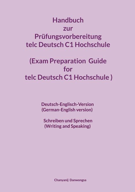 Handbuch zur Prüfungsvorbereitung telc C1. Deutsch-Englisch-Version. Schreiben und Sprechen. Hellvioletter Hintergrund.
