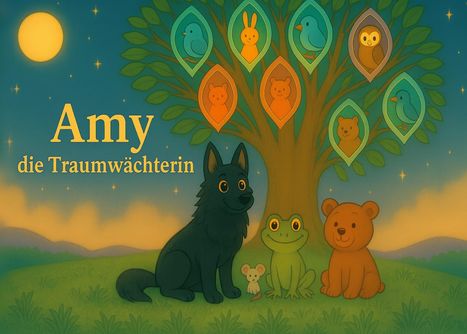 "Amy die Traumwächterin" steht neben einem Baum mit Tiersymbolen. Ein Hund, ein Frosch und ein Bär sitzen im Gras.