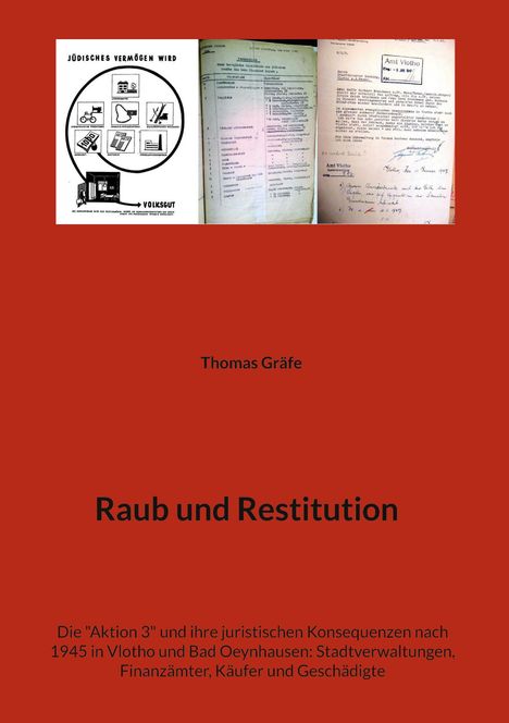 Titel: "Raub und Restitution" von Thomas Gräfe. Historische Dokumente, rote Hintergrundfarbe.