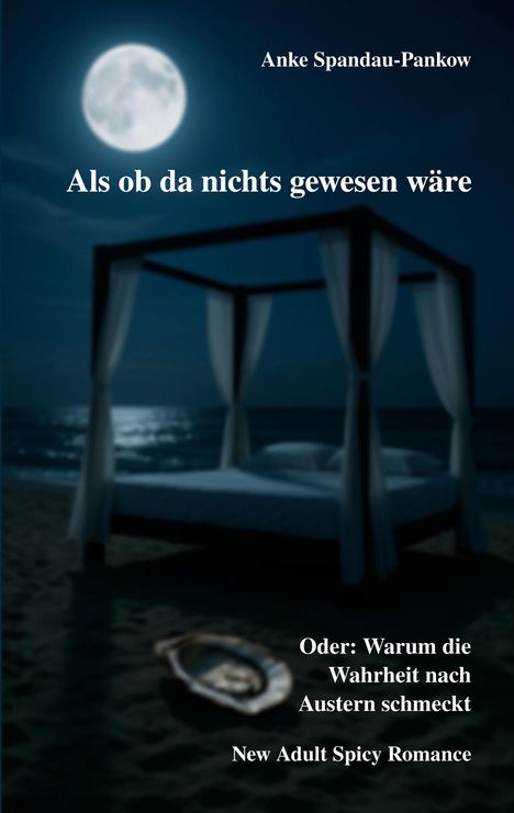 Ein Himmel mit Vollmond über einem Himmelbett am Strand, Text: Anke Spandau-Pankow, „Als ob da nichts gewesen wäre“.