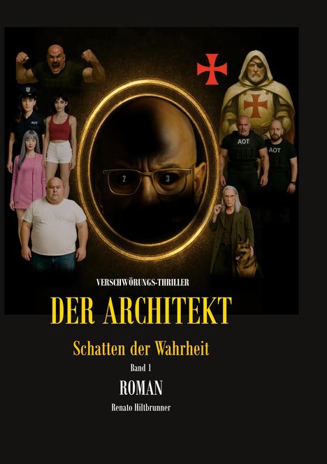 "Verschwörungs-Thriller: Der Architekt - Schatten der Wahrheit, Band 1, Roman, Renato Hilbrunner." 

Eine Gruppe ernst schauender Menschen und ein Kreuz.