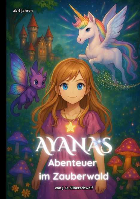"Ab 6 Jahren. AYANA'S Abenteuer im Zauberwald von J. D. Silberschweif." Illustration eines Mädchens mit Einhorn und Fabelwesen.
