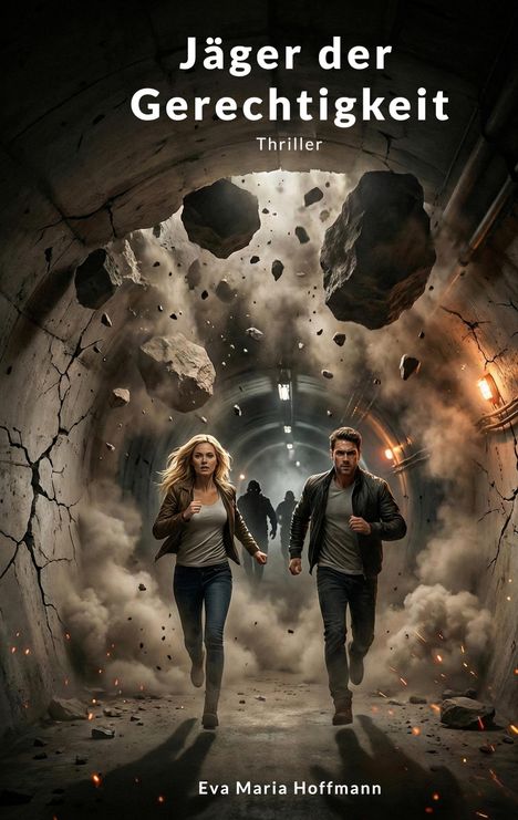 Titel: "Jäger der Gerechtigkeit". Unten "Eva Maria Hoffmann". Zwei Personen rennen in einem tunnelartigen Raum, Trümmer wirbeln.