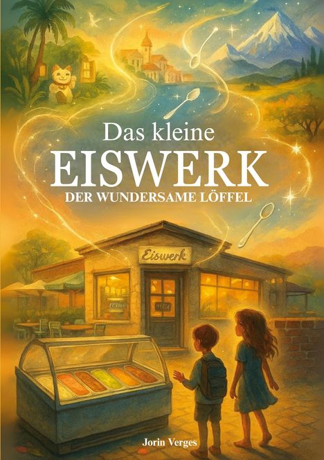 Text: "Das kleine Eiswerk - Der wundersame Löffel"

Illustration eines beleuchteten Eiscafés mit Kindern und Landschaft.