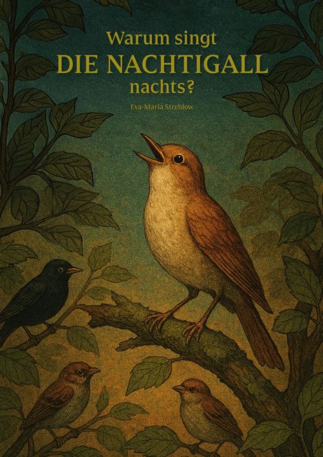 „Warum singt DIE NACHTIGALL nachts?“ - Eva-Maria Strehlow. Illustration: Zwei singende Nachtigallen auf einem Ast, umgeben von Blättern.