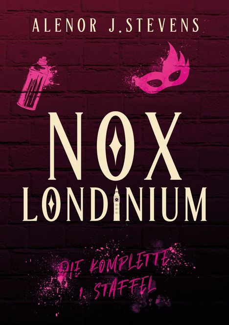 „Nox Londinium, Die komplette 1. Staffel“ auf purpurfarbenem Ziegelhintergrund mit Masken- und Spraydosenillustration.