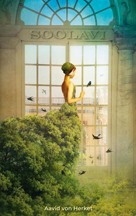 "SOOLAVI" steht über einem großen Fenster. Eine Frau in einem grünen Baumkleid beobachtet Vögel draußen.
