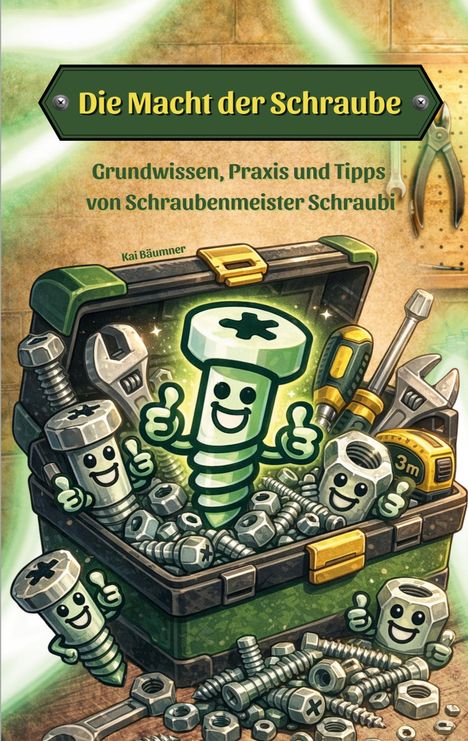 „Die Macht der Schraube“, darunter „Grundwissen, Praxis und Tipps von Schraubenmeister Schraubi“, Illustration fröhlicher Schrauben.