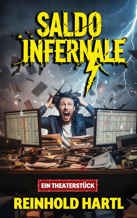 „Saldo Infernale“, „Ein Theaterstück“, „Reinhold Hartl“. Ein überforderter Mann zwischen Computern und Papieren.