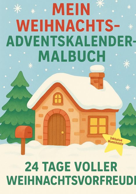 Text: "MEIN WEIHNACHTS-ADVENTSKALENDER-MALBUCH", "24 TAGE VOLLER WEIHNACHTSVORFREUDE", Haus im Schnee, Tannenbäume.