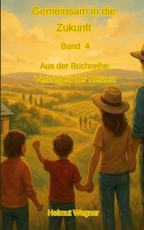 „Gemeinsam in die Zukunft, Band 4“; „Verlangen der Herzen“; Illustration: Vier Personen blicken in eine weite Landschaft.