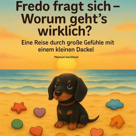 Text: "Fredo fragt sich – Worum geht’s wirklich? Eine Reise durch große Gefühle mit einem kleinen Dackel. Manuel Gerlitsch."

Illustration: Ein Dackelwelpe am Strand mit bunten Formen im Sand.