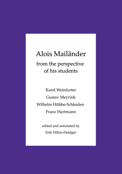 "Alois Mailänder from the perspective of his students" mit Autoren und Herausgeber genannt. Weißer Textblock auf lila Hintergrund.