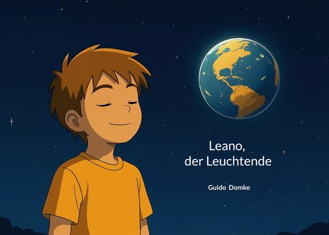 „Leano, der Leuchtende“ und „Guido Domke.“ Ein Junge mit zufriedenem Gesicht, Erde im Hintergrund, nächtlicher Himmel.