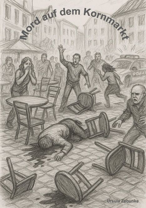 Illustration: "Mord auf dem Kornmarkt". Menschen sind entsetzt, Stühle umgeworfen, Person am Boden mit Blut.