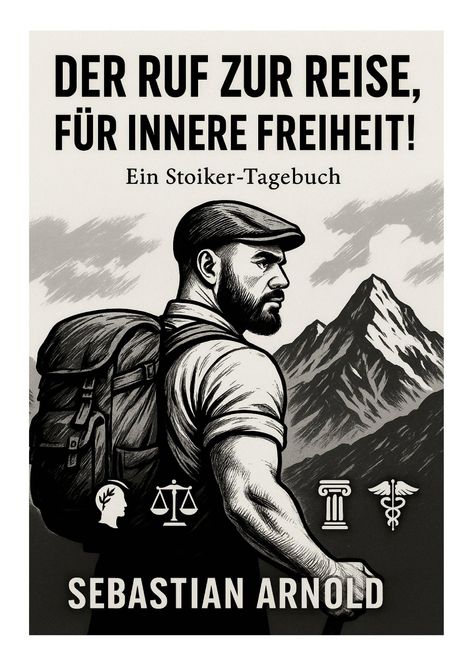 „Der Ruf zur Reise, für innere Freiheit! Ein Stoiker-Tagebuch. Sebastian Arnold.“ Illustration: Mann mit Rucksack vor Bergen.