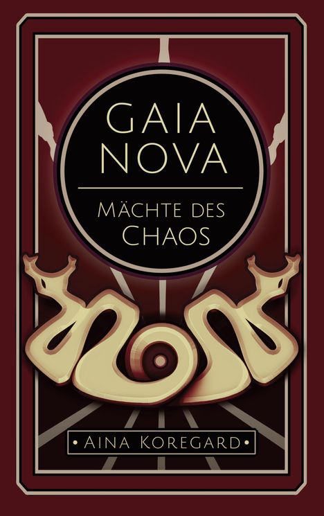 "GAIA NOVA, Mächte des Chaos, Aina Koregard." Dunkles Art-Deco-Design mit stilisiertem goldenen Symbol.