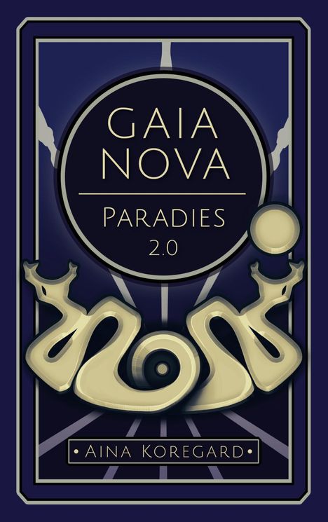 "GAIA NOVA PARADIES 2.0" und "AINA KOREGARD". Grafik mit stilisierten Formen und Linien in Blau und Gold.