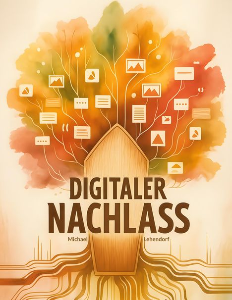 „DIGITALER NACHLASS“ Michael Lehendorf, Baum mit bunten Blättern und Symbolen, verwobene digitale Elemente.