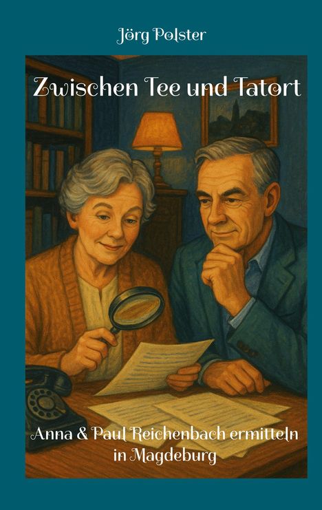 Titel: "Zwischen Tee und Tatort". Anna und Paul, ein älteres Paar, sitzen mit Lupe und Notizen an einem Tisch.