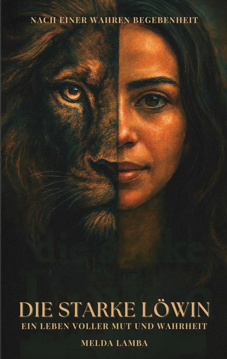 "Die starke Löwin. Ein Leben voller Mut und Wahrheit. Melda Lamba." Illustration: Gesicht halb Frau, halb Löwe.