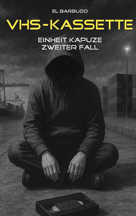 Text: "VHS-Kassette, Einheit Kapuze, Zweiter Fall". Illustration: Person in Kapuze sitzt im Hafen, VHS-Kassette liegt davor.