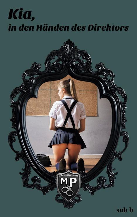 Kia, in den Händen des Direktors. Ein Logo mit einem Wappen und Handschellen unten. Junge Frau kniet, trägt Uniform.