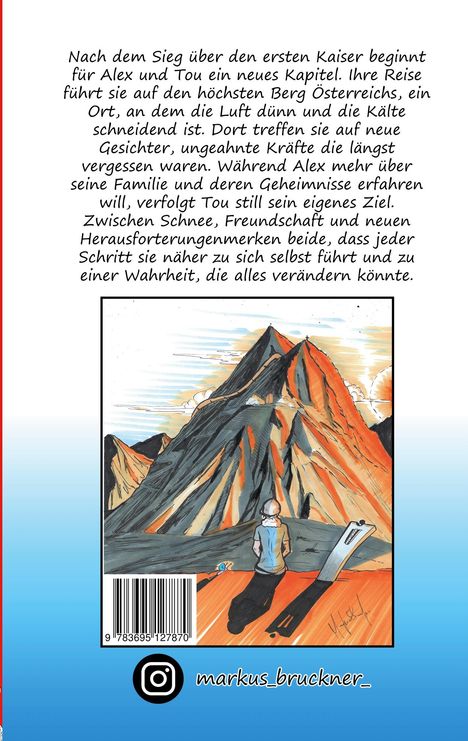 Ein Text beschreibt eine abenteuerliche Reise von Alex und Tou auf den höchsten Berg Österreichs. Eine Illustration zeigt einen Berg und eine Person.