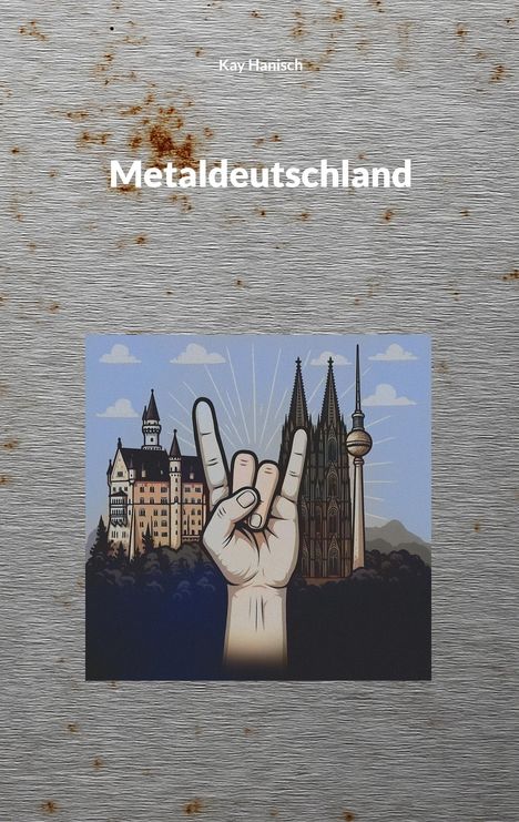 Text: "Kay Hanisch" oben, "Metaldeutschland" in der Mitte. Illustration: Hand zeigt Rockzeichen vor Neuschwanstein, Kölner Dom, Fernsehturm.