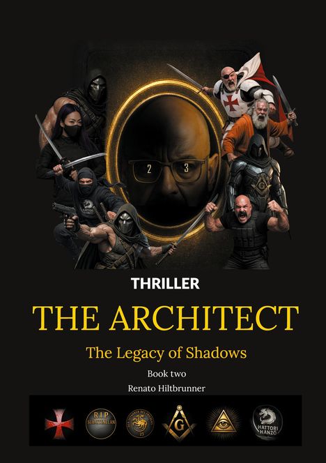 Text: "THRILLER THE ARCHITECT The Legacy of Shadows Book two Renato Hiltbrunner" Illustration: Krieger und Symbole.
