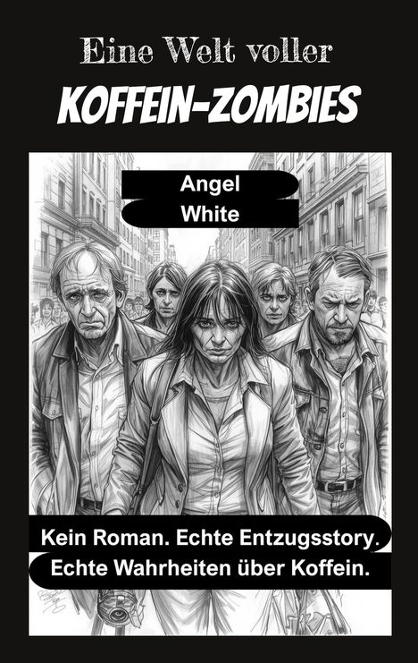 Texte: "Eine Welt voller Koffein-Zombies", "Angel White", "Kein Roman. Echte Entzugsstory. Echte Wahrheiten über Koffein." Illustration von erschöpft wirkenden Personen in einer Stadt.