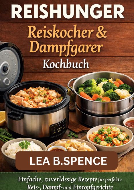 Oben: „REISHUNGER Reiskocher & Dampfgarer Kochbuch“. Unten: Verschiedene Gerichte in Schüsseln und Töpfen.