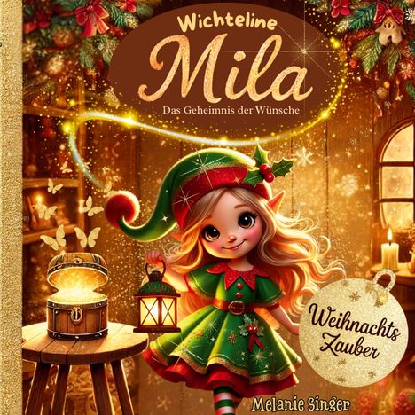 "Wichteline Mila: Das Geheimnis der Wünsche; Weihnachtszauber; Melanie Singer." 

Eine fröhliche Wichtelin in einem weihnachtlich dekorierten Raum.