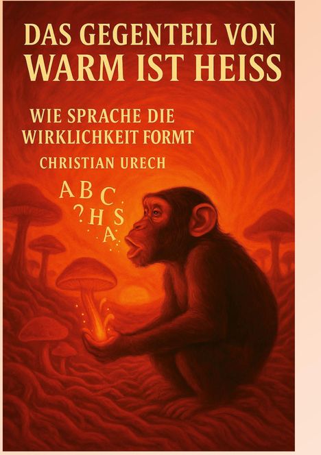 Text: "Das Gegenteil von warm ist heiss. Wie Sprache die Wirklichkeit formt. Christian Urech. ABC?HSA." Illustration: Ein Affe sitzt mit leuchtenden Pilzen.