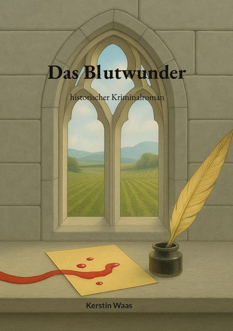 "Das Blutwunder, historischer Kriminalroman, Kerstin Waas." Fensterblick über Landschaft, Feder, Tinte, blutiger Brief.