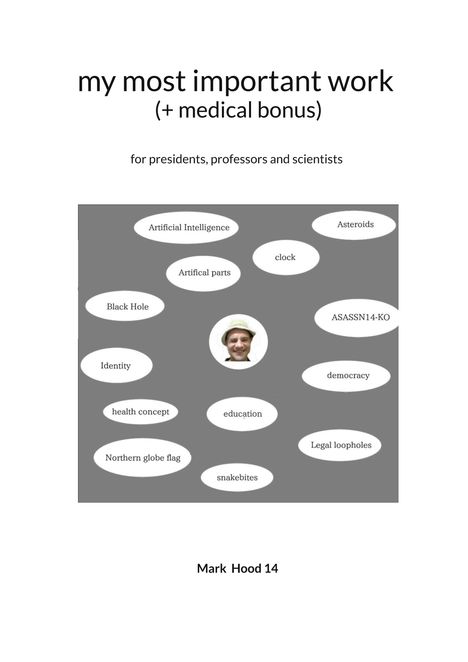 Text: "my most important work (+ medical bonus) for presidents, professors and scientists." Grauer Hintergrund, weiße Ovale mit Themen wie "Artificial Intelligence", "Black Hole", "education". In der Mitte ein Foto. Unten "Mark Hood 14".
