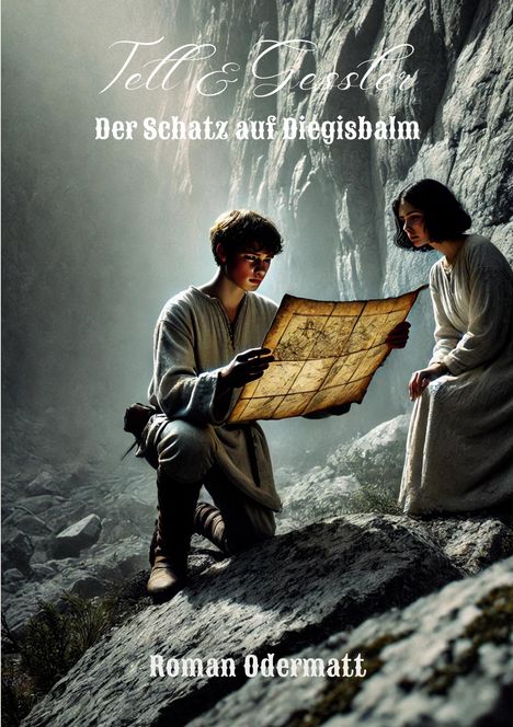 "Tell & Gessler: Der Schatz auf Diegisbalm" von Roman Odermatt. Zwei Personen studieren eine Karte in einer Felslandschaft.