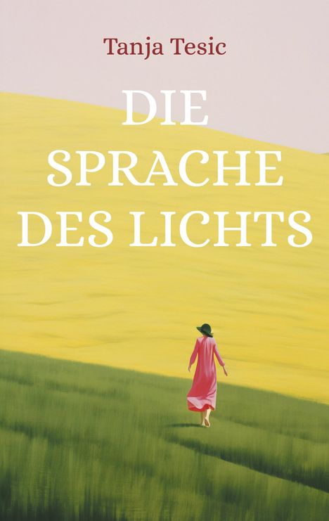 "Tanja Tesic, DIE SPRACHE DES LICHTS. Eine Frau in pink wandert über eine grüne Wiese Richtung gelben Horizont."