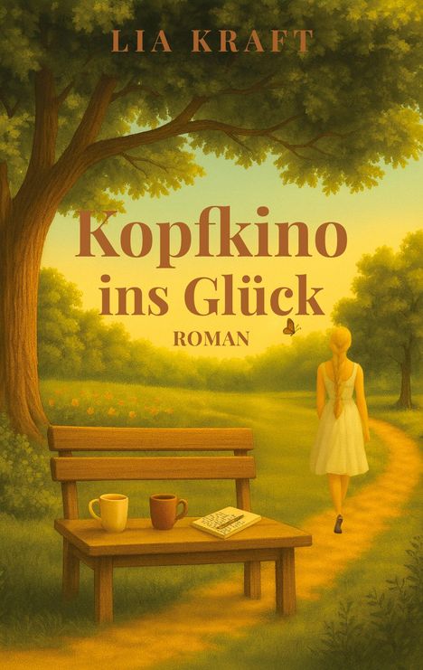 „Lia Kraft. Kopfkino ins Glück. Roman.“ Eine Frau in einem Kleid spaziert einen Pfad entlang. Bank mit zwei Tassen.
