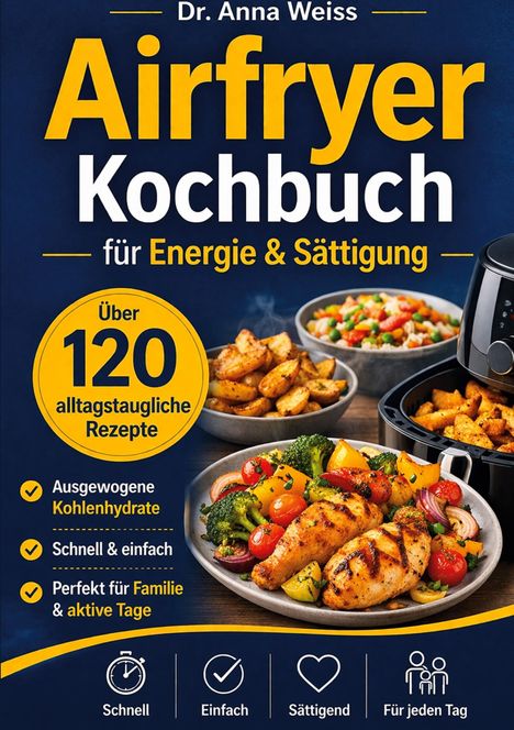 "Dr. Anna Weiss Airfryer Kochbuch für Energie & Sättigung. Über 120 alltagstaugliche Rezepte." Zeigt Teller mit Hähnchen.