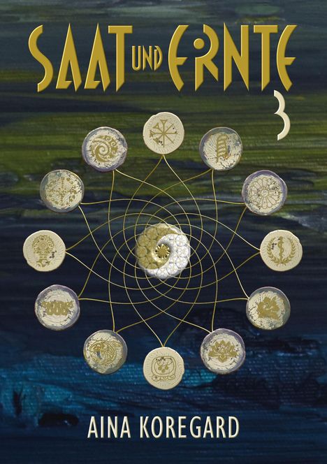 „SAAT UND ERNTE“ in goldener Schrift oben, „AINA KOREGARD“ unten. Zwölf Symbole in einem kreisförmigen Muster.