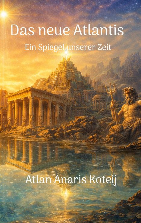Text: "Das neue Atlantis", "Ein Spiegel unserer Zeit", "Atlan Anaris Koteij". 

Illustration: Antike Stadt mit Tempeln am Wasser.