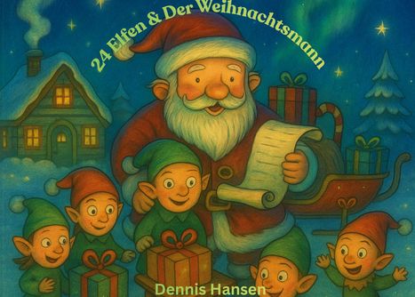 "24 Elfen & Der Weihnachtsmann" oben, "Dennis Hansen" unten. Illustration eines Weihnachtsmanns mit Elfen und Geschenken.