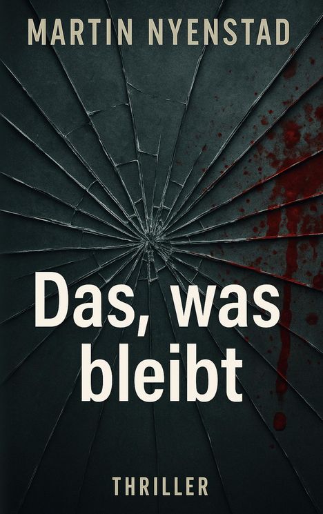 Text: "MARTIN NYENSTAD", "Das, was bleibt", "THRILLER". 
Gesprungene Glasstruktur mit Blutspritzern im Hintergrund.