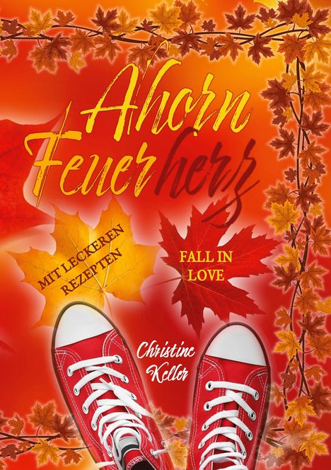 "Ahorn Feuerherz" in großen Buchstaben. Herbstliche Blätter und rote Turnschuhe dominieren die Illustration.